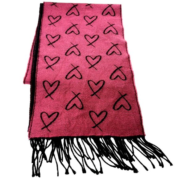 Victoria's Secret Scarf Black Pink Hearts Fringe Reversible - Picture 2 of 8